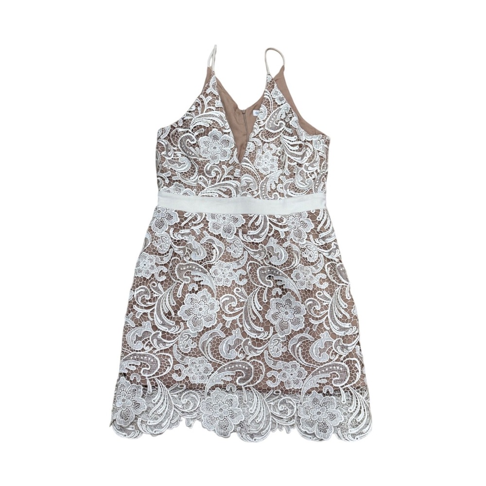 Dress the Population Ecru Lace Mini Dress Nude Lined Wedding Guest Brunch XL